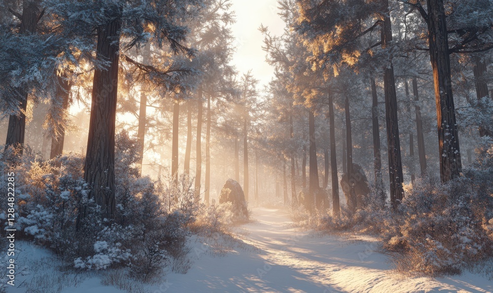 Aufkleber scenic winter forest with tall snow-covered trees, soft light filtering through the branches creatin