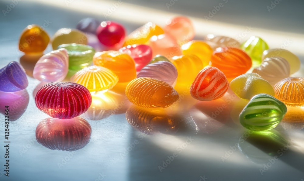 Poster playful arrangement of colorful candies scattered on a clean surface illuminated by diffused light, 
