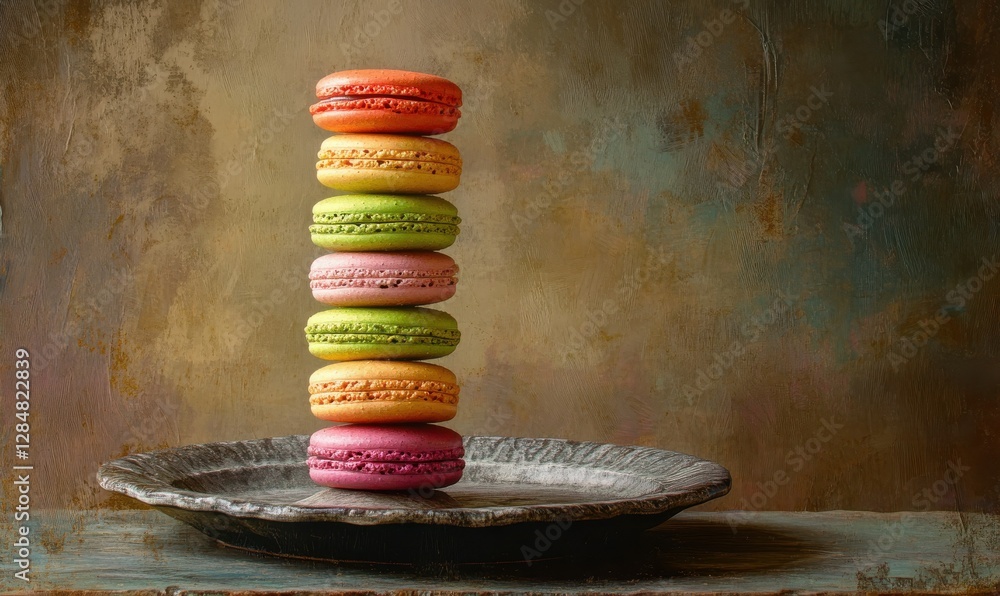 Poster playful assortment of colorful macarons stacked neatly on a textured plate, illuminated by soft natu