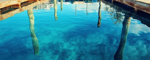 Tranquil blue waters reflecting wooden piers in natural harbor scene with cloudy sky