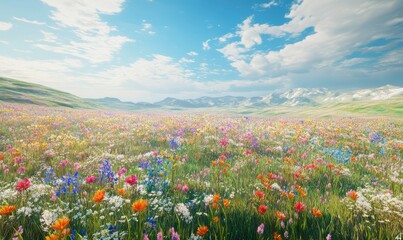 Obraz premium Serene meadow with wildflowers in full bloom, a soft breeze rustling the vibrant petals under a bright azure sky, evoking tranquility.