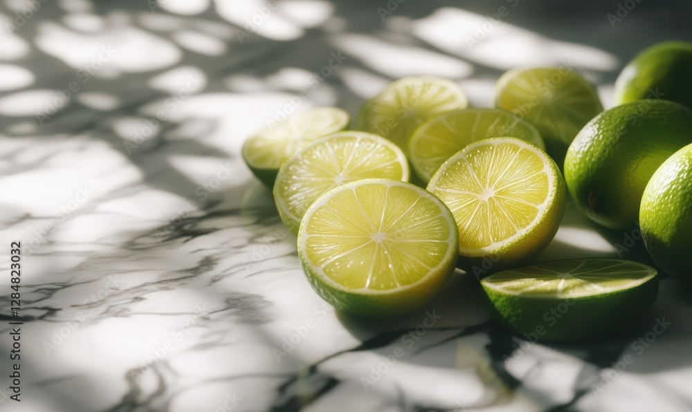 Poster set of fresh limes and lemons sliced and arranged on a marble surface, vibrant citrus tones creating