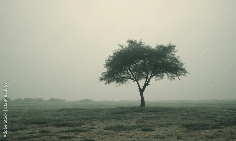 Poster lone tree standing on a foggy field at dawn, soft light filtering through the mist creating a myster