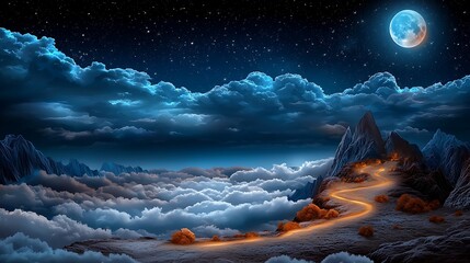 Serene night landscape featuring a winding road through clouds under a glowing moon with mountains
