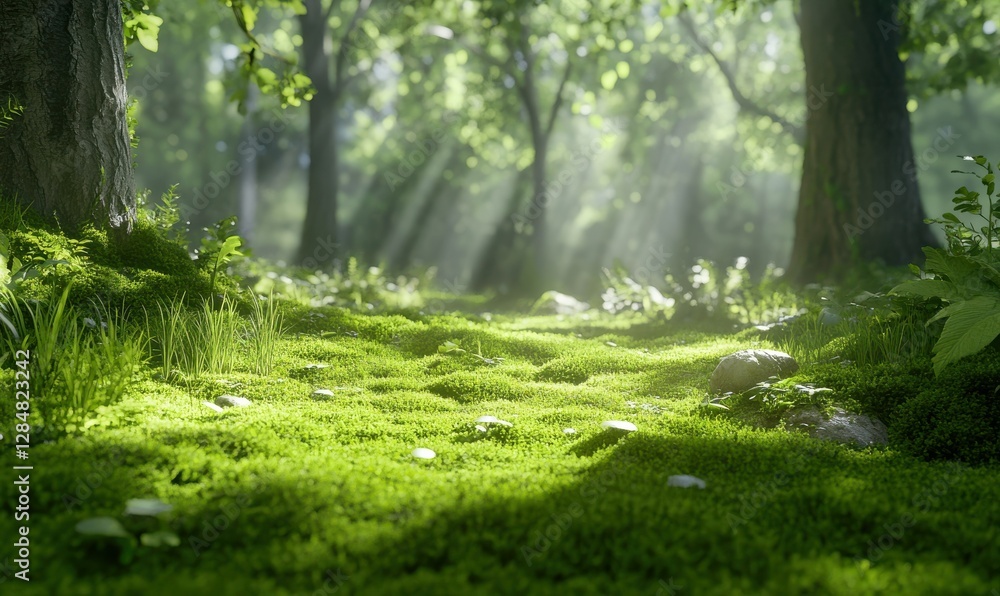 Poster lush green moss covering the forest floor, sunlight filtering through the trees and creating a peace
