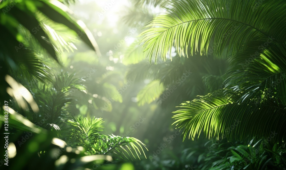 Poster lush tropical greenery with sunlight streaming through palm leaves, creating dappled patterns and a 