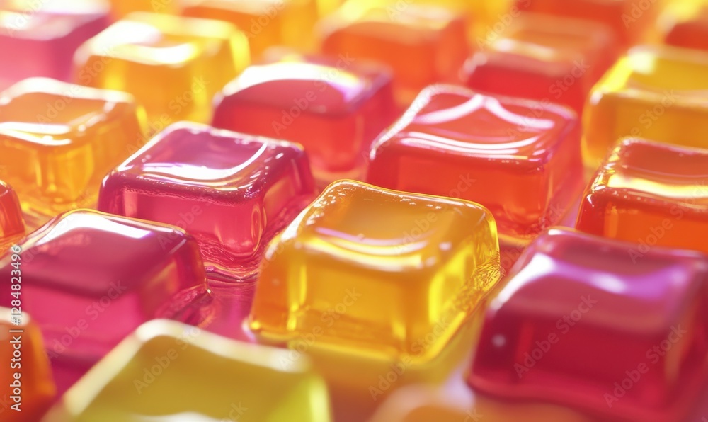 Poster playful group of colorful gummy candies arranged in neat rows, their glossy textures glowing softly 
