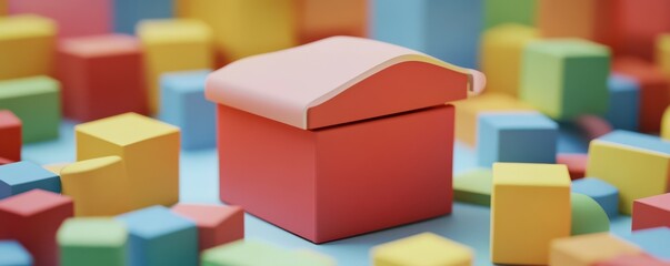 Fototapeta premium Colorful geometric blocks with focus on red box in playful arrangement