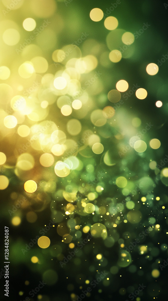 Poster green and yellow bokeh lights with soft blurred background, showcasing a dreamy, festive atmosphere 
