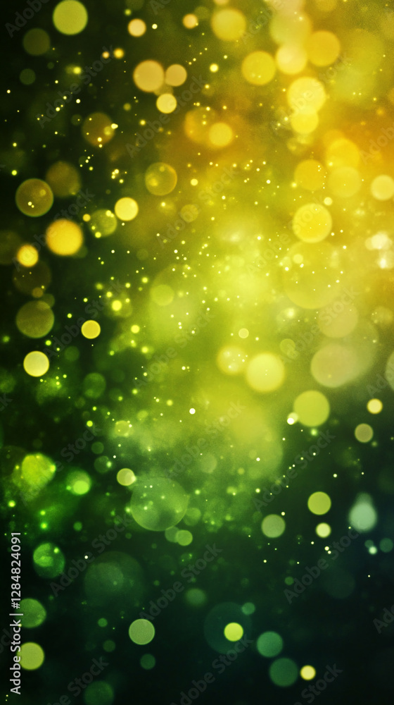 Poster Abstract bokeh background with vibrant green and yellow glowing circles, creating a dreamy and festive atmosphere, perfect for celebratory themes.