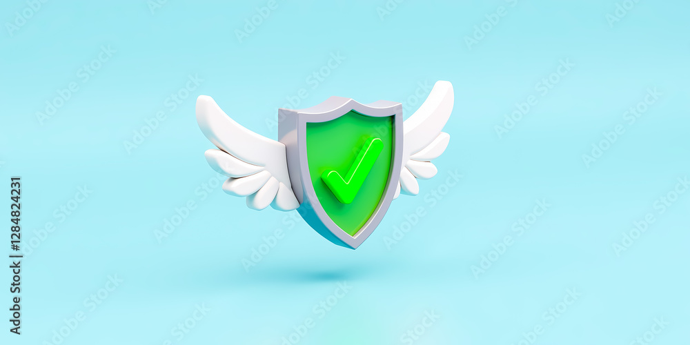 Poster 3d render of a green shield with wings and checkmark