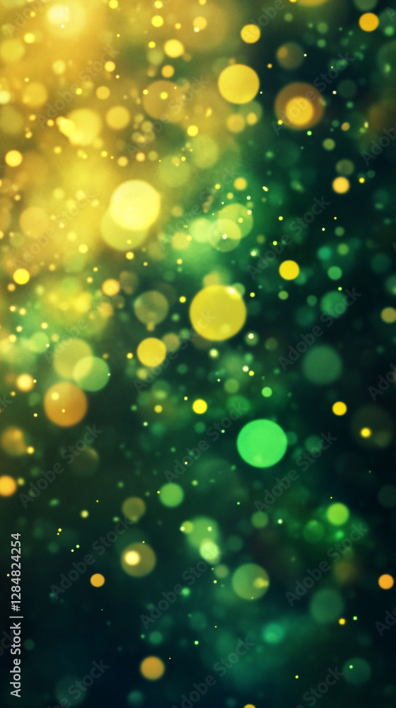 Poster abstract bokeh background with yellow and green glowing circles creating a dreamy, festive, or magic