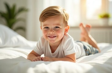 Young boy smiling joyfully while lying on a cozy bed with sunlight streaming through the window in a bright room