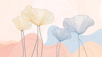 Four delicate flowers depicted with abstract lines and soft background colors