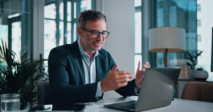 Mature man, video call and laptop in office with contact, consulting and discussion on web at agency. Person, financial advisor and computer for portfolio review, opportunity and wealth planning