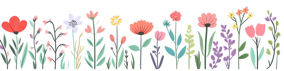 Obraz premium A colorful illustration of various flowers and plants in a decorative arrangement.