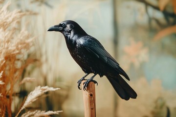 Obraz premium A black crow perched on a wooden pole. The bird is looking to the left. The scene is set in a field with tall grass