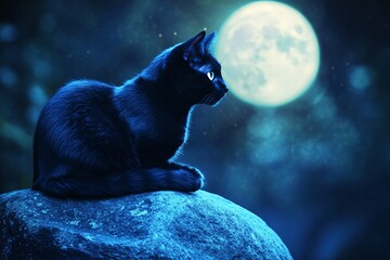 A black cat is sitting on a rock in front of a full moon. The image has a mysterious and calming mood, as the cat seems to be looking up at the moon with a sense of wonder