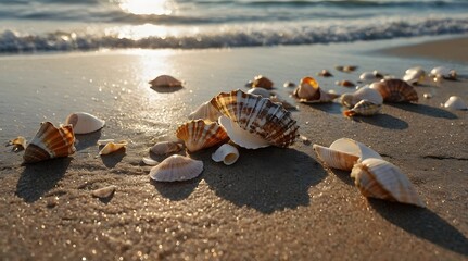 Obraz premium A collection of various seashells scattered on a sandy beach, showcasing the beauty and diversity of marine life, perfect for nature enthusiasts and beachcombers