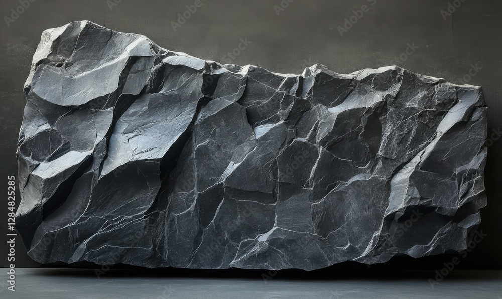 Poster rugged black rock layers with intricate textures illuminated by diffused light, creating a bold and 