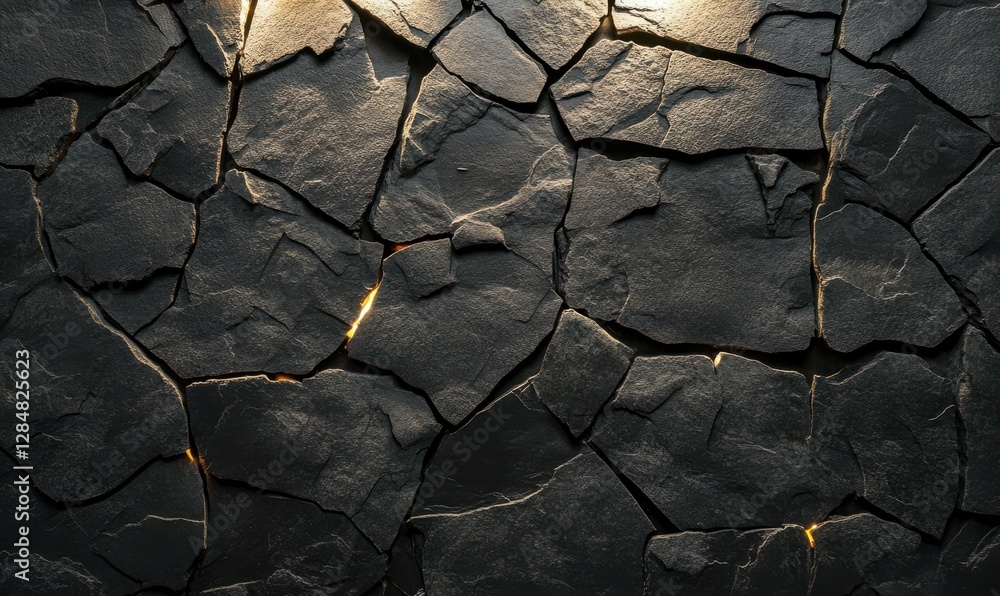 Poster rugged texture of cracked black rocks illuminated by soft glowing light, creating a bold and minimal