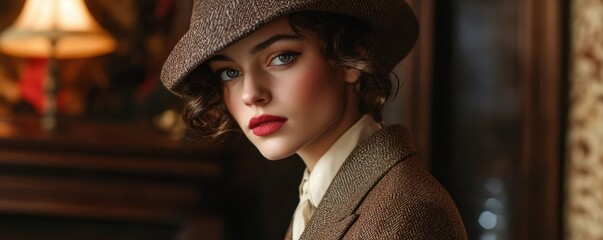 Fototapeta premium Elegant woman in vintage hat and jacket in cozy interior setting