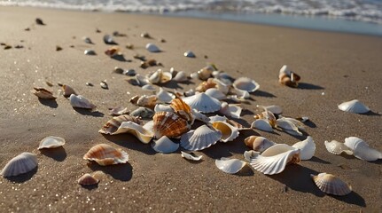 A collection of various seashells scattered on a sandy beach, showcasing the beauty and diversity of marine life, perfect for nature enthusiasts and beachcombers
