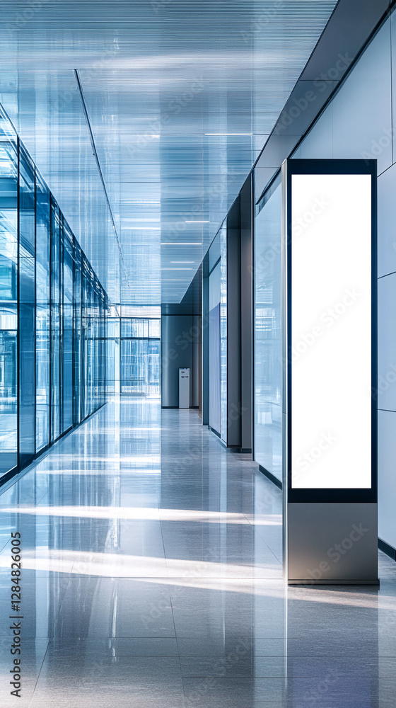 Aufkleber modern office hallway with large windows and a blank display screen for advertising, symbolizing a c
