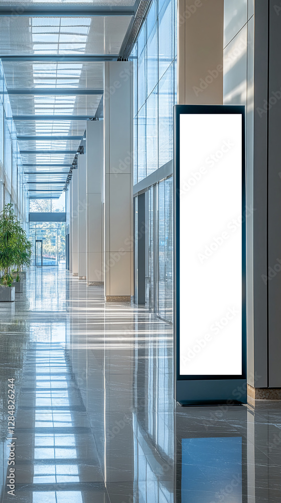 Poster modern office corridor with large windows and a blank digital display for advertising, symbolizing a