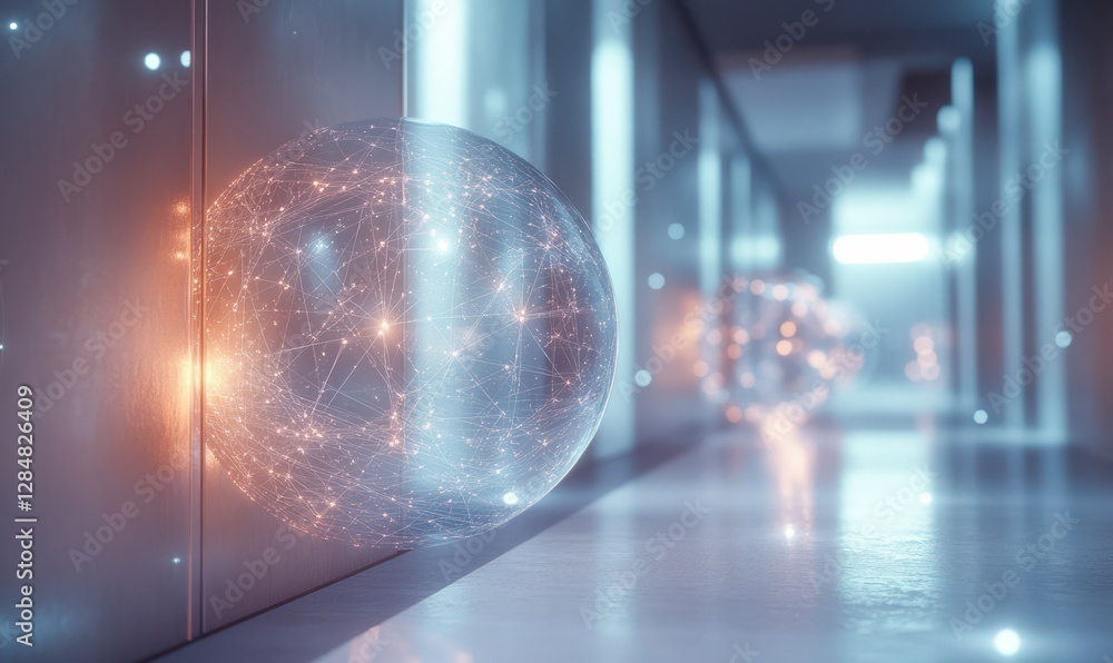 Poster transparent spheres glowing with intricate data networks in a futuristic corridor, symbolizing advan