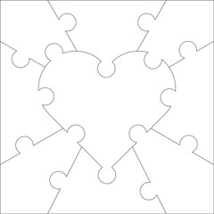 A puzzle with 9 parts. Contour. The central part of the puzzle is in the shape of a heart. Heart puzzle, background, photo, template, recreation, learning, motor skills