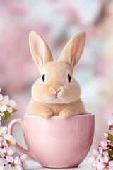 Cute bunny sitting in a pink cup surrounded by cherry blossom flowers during springtime in a soft-focused garden setting