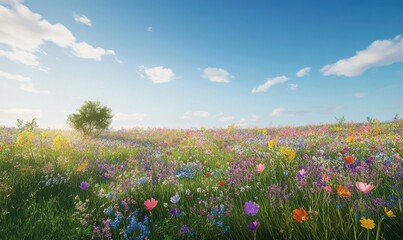 Scenic view of a colorful meadow filled with spring flowers under a clear blue sky, soft sunlight casting gentle shadows on the vibrant landscape,