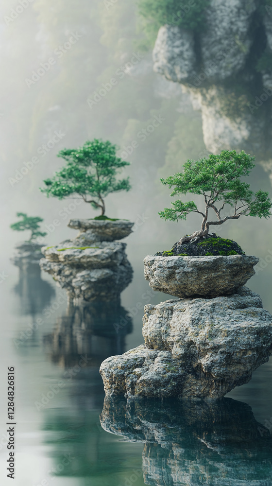 Poster a serene landscape with bonsai trees growing atop rock formations in calm water, creating a tranquil