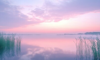 Fototapeta premium Scenic view of a peaceful lake at sunset, with soft pink and purple hues reflecting off the water, creating a serene and dreamy landscape,