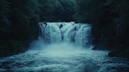 Cascading waterfall in a lush forest ravine