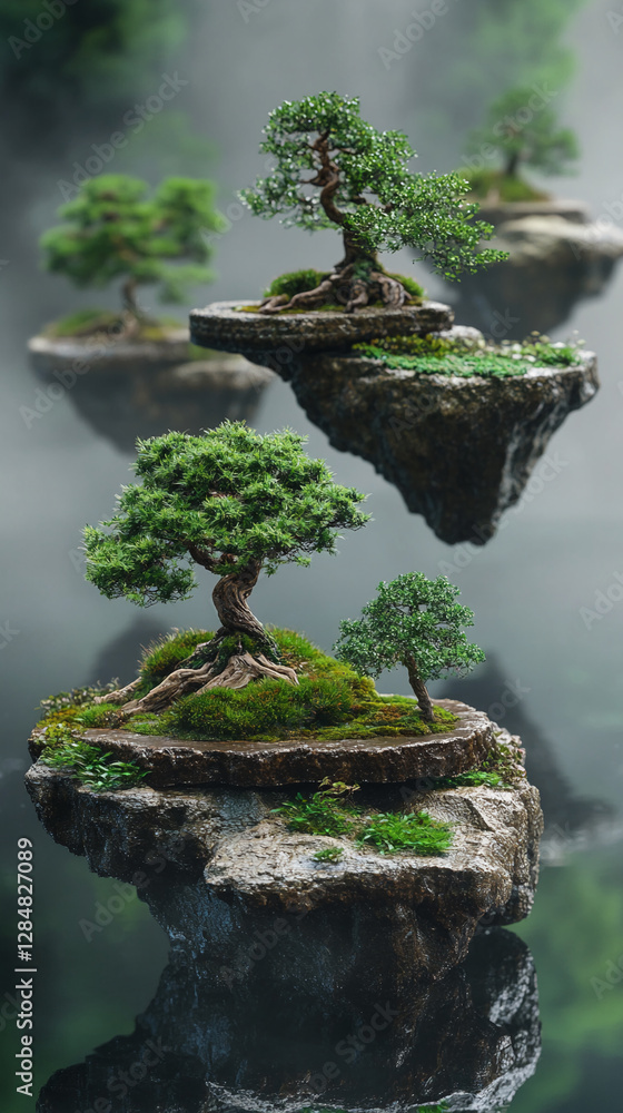 Aufkleber a serene and beautiful scene of bonsai trees growing on floating rock formations in a misty environm