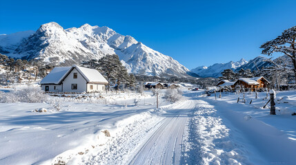 Snowy mountain village road, winter landscape