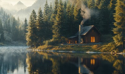 Fototapeta premium Serene lakeside cabin surrounded by pine trees, smoke rising from the chimney, and soft morning light reflecting on the water's surface,