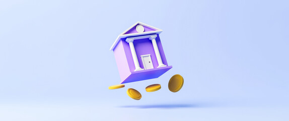Obraz premium levitating purple bank building with orbiting golden coins