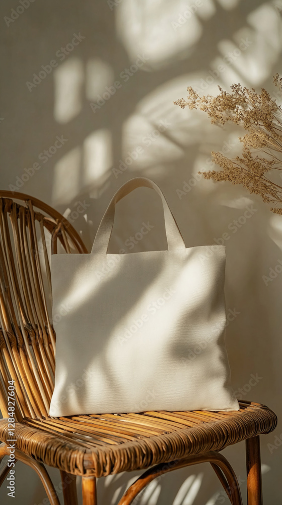 Aufkleber a beige fabric tote bag resting on a rattan chair with soft sunlight and shadows, creating a warm an