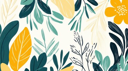 Unique botanical art design with handdrawn flowers and branches, perfect for modern fabric, prints, and wallpapers.