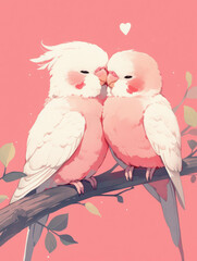 Cute little parrots in pink tones create a romantic atmosphere with charming line art