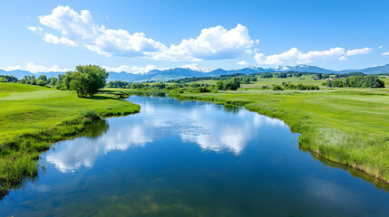 Obraz premium Serene mountain golf course river reflection