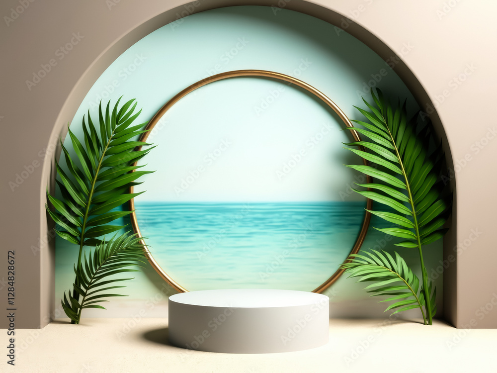 Poster minimalist product display platform with tropical elements and seascape backdrop
