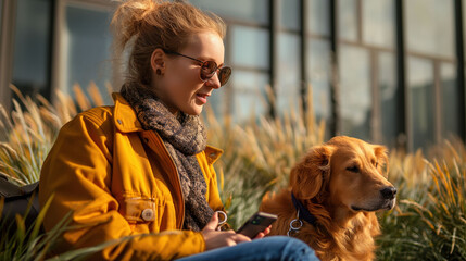 Blind woman uses smartphone with screen reader while enjoying time in a modern park with her guide dog