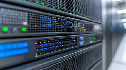 Obraz premium Data center server rack, network lights, technology infrastructure