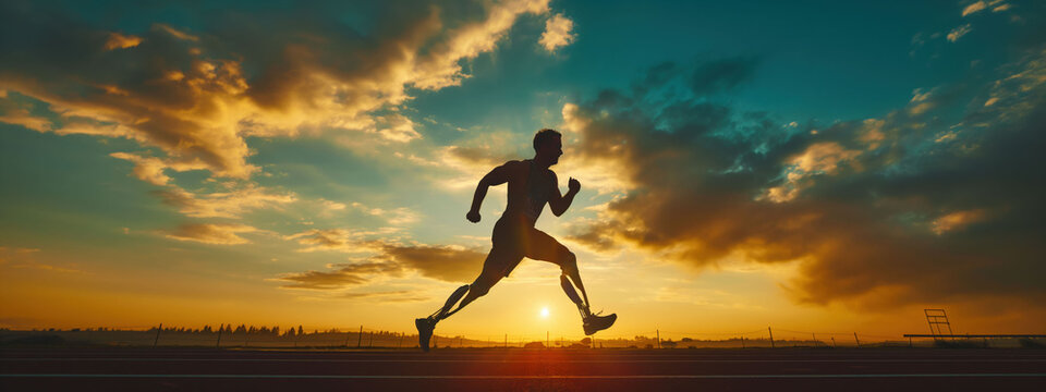 Man with prosthetic leg runs on track at sunrise, silhouette against vibrant sky