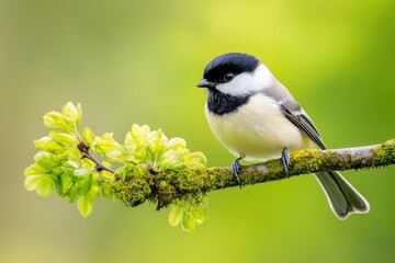 Obraz premium Charming bird perched on a mossy branch amidst vibrant green foliage in a serene natural setting