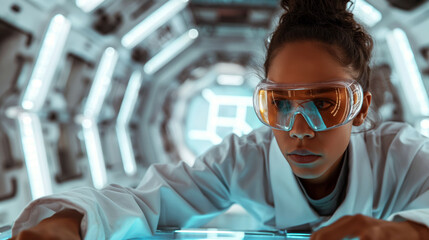 Woman scientist in a lab coat conducts research with a test tube in a futuristic laboratory